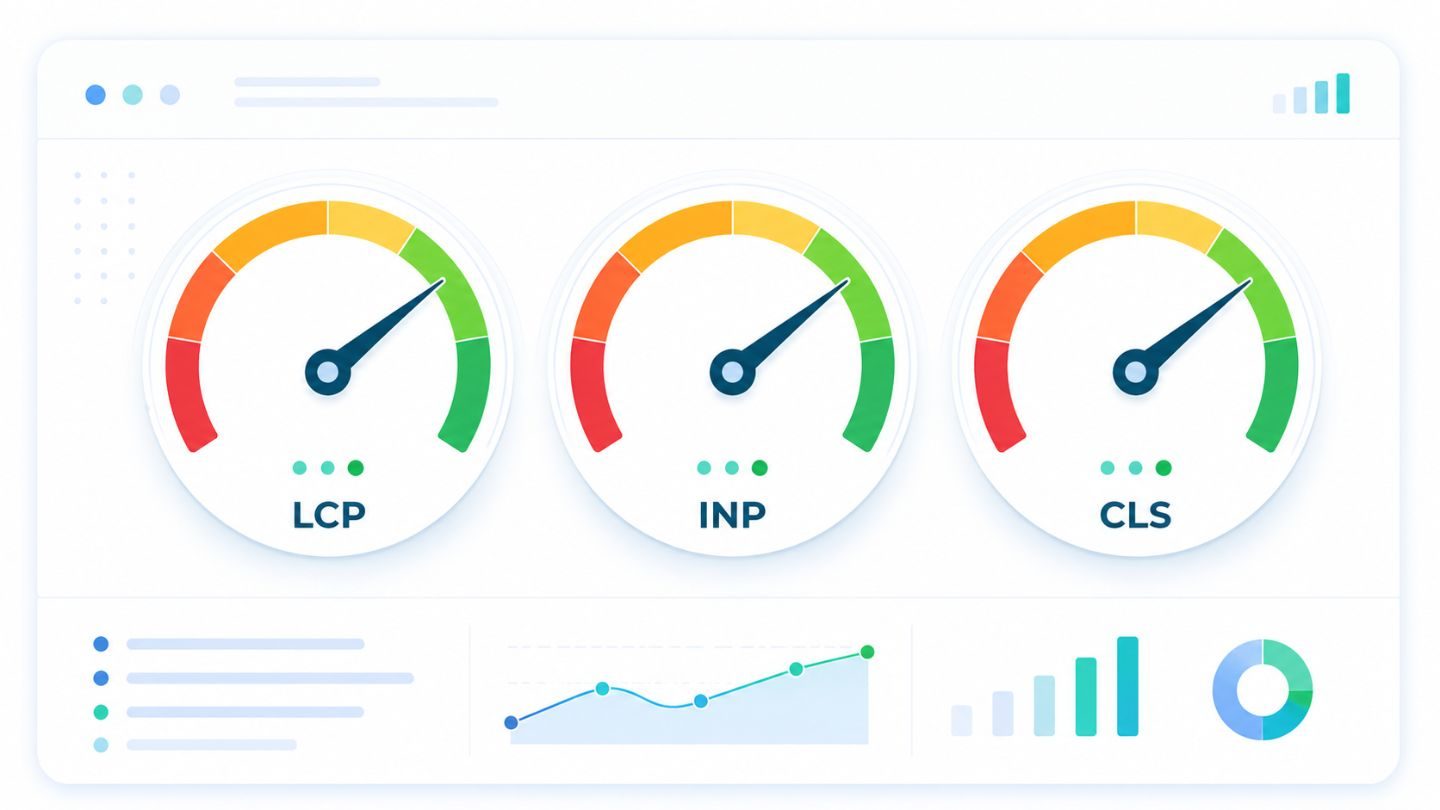 Core Web Vitals 2026 — LCP, INP, and CLS performance gauges