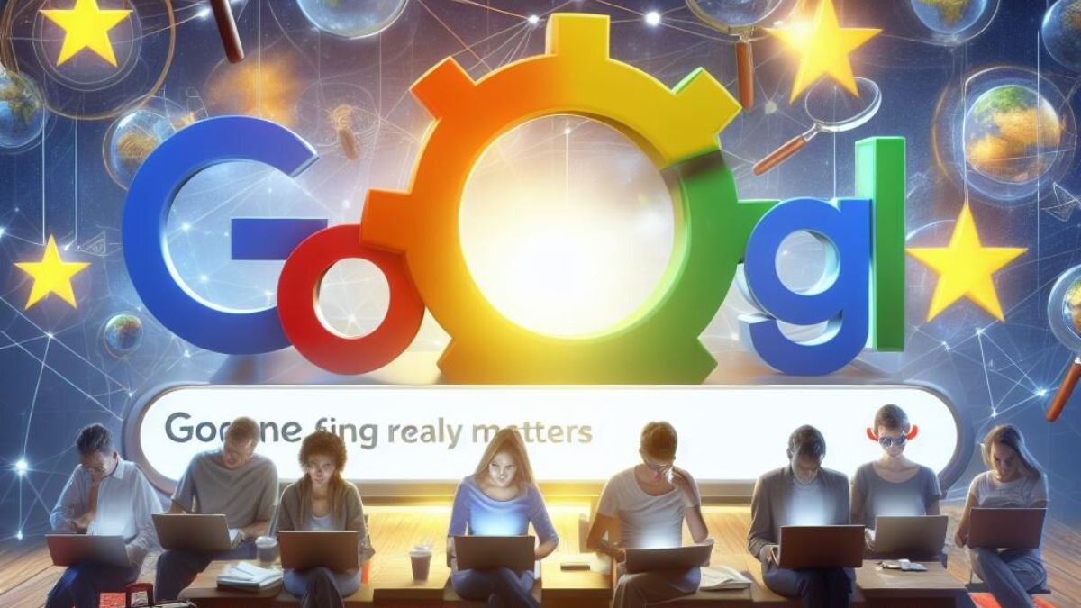 A group of people working on laptops with the google logo in the background.
