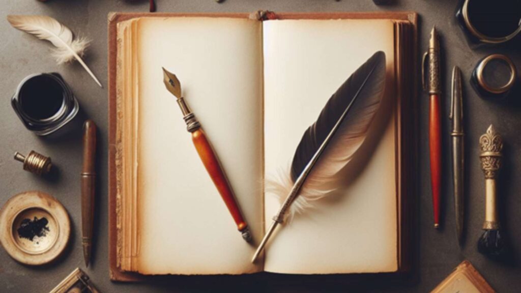 Book With Quill Pen And Inkwells
